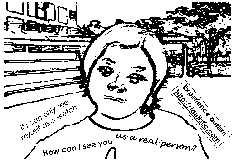 A black-and-white portrait treated as a sketch, with words printed around the figure.